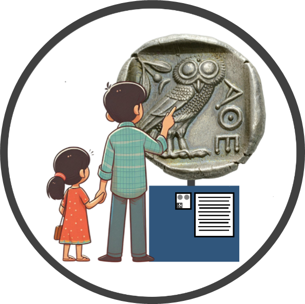 Ein Mann und ein junges Mädchen betrachten eine antike Münze mit einer Eule und griechischen Buchstaben, die in einem Museum ausgestellt ist.