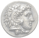 Antike Silbermünze mit dem Profil eines Mannes mit gewelltem Haar und einem Lorbeerkranz, der nach rechts schaut. Die Münze hat einen strukturierten Rand und detaillierte Gesichtszüge.