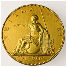 Eine Goldmünze aus dem Jahr 1790 zeigt die sitzende Figur der Britannia mit Schild und Dreizack. Am Rand sind BRITANNIA und 1790 eingraviert.